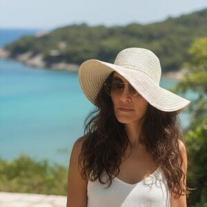 Wide Brim Straw Sun Hat White with Gold Embelishments